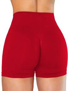 High Waist Seamless Knitted Peach Hip Tights, Slim Fit Workout Running Shorts, Tummy Control Sports Yoga Pants - Red - View 3