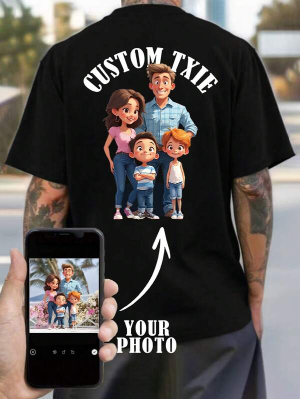 Customized Personalized Photo/Design Print T-Shirt For Men, Black Tee Shirt, Great For Valentine's Day/Birthday/Anniversary Gifts, Company Uniforms, Independence Day, Party Outfit, Casual Short Sleeve Tops