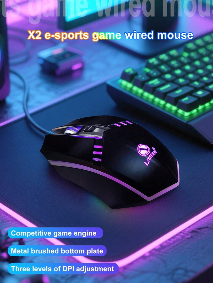 Souris gamer filaire mécanique X2 avec éclairage RGB fluide, compatible avec ordinateur de bureau et portable, souris filaire USB avec base en métal brossé, sensation de peau texturée, pour le jeu, le bureau et l'entreprise