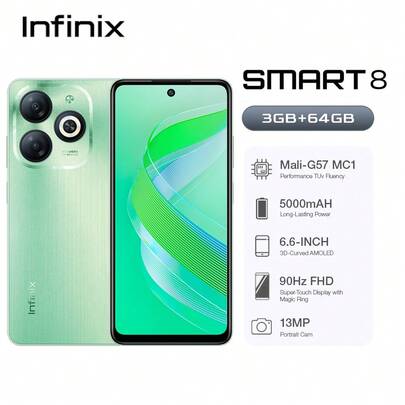 Infinix Smart 8 3GB+64GB T606  6.6" 90Hz Display 13MP Dual AI Camera  5000mAh  Global Version Charging Head European Specifications Smartphone