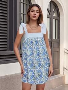 Women Floral Tie Shoulder Mini Dress Cute Square Neck Loose Fit Beach Short Dress Backless Boho Vocation Sundress - 藍色 - 查看 6