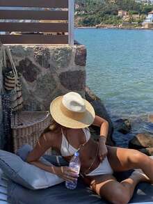 1pc Women's Summer Straw Panama Hat, Wide Brim Sun Protection Vacation Beach Cap, Suitable For Evening Party, Outdoor Sun Shading - Solid Color - View 10