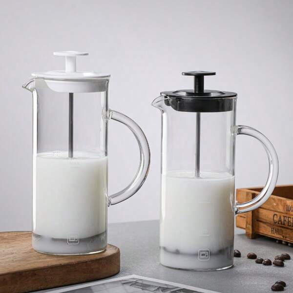 1 pièce Cafetière à piston française de 480 ml, machine à mousse de lait manuelle avec piston en verre transparent, pot à bulle de café et lait, tasse à mousse de lait portable pour la maison, avec couvercle pour un nettoyage facile, idéal pour la rentrée scolaire