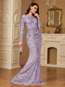 hezixi 舒适，适合各种体型，透视圆领长袖亮片修身鱼尾裙摆设计，风格独特，女士正式舞会礼服/晚礼服 - 淺灰紫 - 查看 2
