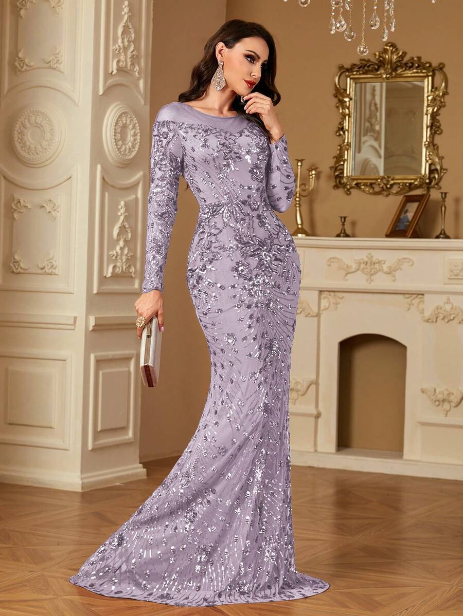 hezixi 舒适，适合各种体型，透视圆领长袖亮片修身鱼尾裙摆设计，风格独特，女士正式舞会礼服/晚礼服