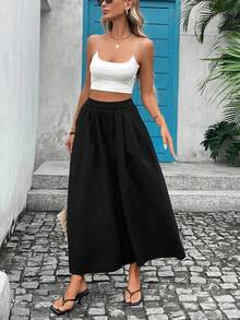 Spodnie typu kuloty z wysokim stanem, w jednolitym kolorze, z poliestru, szerokie nogawki, odpowiednie na letnie codzienne noszenie - Czarne - Zobacz 1