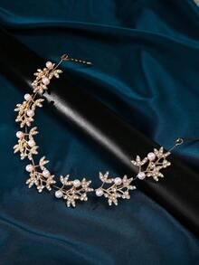 鑲嵌葉形水鑽和仿珍珠裝飾新娘髮箍，優雅的頭飾