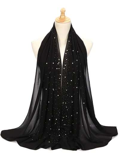 Party 1pc Rhinestone & Faux Pearl Decor Chiffon Scarf Women Hijab Accessories Women