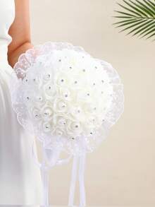 1件白色水晶丝带手工人造丝婚礼花束 - 彩色 - 查看 5