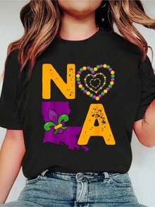 NOLA New Orleans 504 Mardi Gras-Shirt Print Crew Neck Casual-Shirt Short Sleeve Sports Top. CasualStreet Style Women's Clothing Graphic Tees Women Crop Tops Summer Outfits Women Summer Tops-Shirt - 黑色 - 查看 1