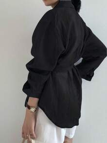 Áo sơ mi nữ dáng rộng, tối giản, màu trơn, hở vai, thắt nơ phía trước, thích hợp cho mùa xuân và mùa thu, màu đen thanh lịch. - màu đen - Xem 2