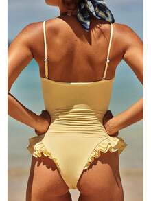 One Piece Womens Swimsuits Y2k Ruffle Bathing Suit Spaghetti Strap Square Neck Tummy Control Slimming Swimwear - Yellow - View 3