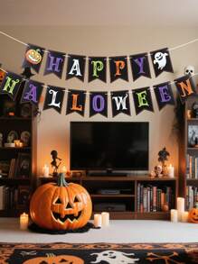 1set Halloween Hanging Paper Banner, Happy Halloween Pulling Flags, Halloween Hanging Flag Banner For Halloween Party Decor Home Decoration Room Decor, Halloween Party Background Decoration Hanging Flags, Halloween Party Photo Props, Background Decor, Holiday Decor, Halloween Decor, Party Favor