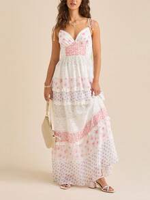 Women Floral Tie Shoulder Maxi Dress Deep V Neck Spaghetti Strap Backless A-Line Layered Ruffled Long Dresses - Pink - View 1