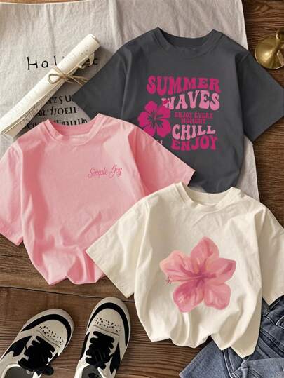 3 قطعة/طقم تي شيرت كاجوال نسائي بياقة مستديرة وأكمام قصيرة مطبوع عليه تصميم زهري جذاب، بسيط وعصري