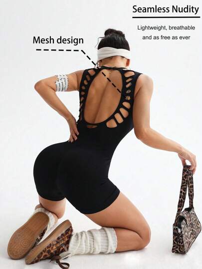 Sport Studio Solid Color Backless Spaghetti Strap Sports Romper Shapewear Bodysuit