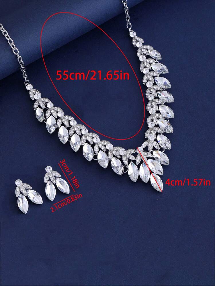 3pcs Minimalist Fashionable Exaggerated European And American Style Zinc Alloy Jewelry Set With Rhinestone, Necklace For Women, Party Evening Dress Bridal Accessories - Silver - View 5