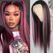 Purple Color Lace Front Wigs Pre Plucked Hairline Long Straight Wigs For Fashion Women Girls Party Daily Wear Glueless Dark Purple Lace Front Synthetic Wigs 13x4 Free Part Heat Resistant Fiber Hair 28 Inch 180% Density - 挑染粉色 - 查看 2