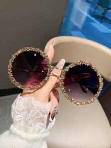 1 chiếc kính mát thời trang tròn kim loại đính đá trang trí cho nữ cỡ lớn cổ điển thanh lịch độc đáo Y2K thời trang, cho kỳ nghỉ khác biệt - Vàng - Xem 7