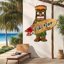 1 Señal de bar de estilo tiki hecha a mano de madera - Estatua tropical tiki y colgante de tabla de surf con orquídea colorida, decoración de estilo bohemio, adecuada para terrazas, jardines, fiestas de verano y decoraciones con temática hawaiana y luau