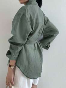 Women's Casual Minimalist Solid Color Off-Shoulder Loose Wrap Tie Front Shirt, Suitable For Spring And Autumn - Green - View 2