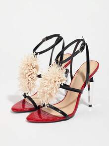 春夏女士高跟鞋，时尚优雅派对高跟鞋，户外场合细高跟鞋，圆头撞色装饰花卉亮面金属凉鞋，适合婚礼、派对、办公室、户外等各种场合，四季皆宜 - 紅色 - 查看 6