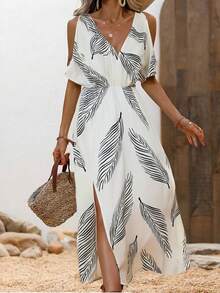 Vestido Con Estampado De Hojas De Estilo Festivo De Verano, Elegante Vestido Largo Con Abertura y Cuello En V De Manga Corta - Blanco - Ver 1