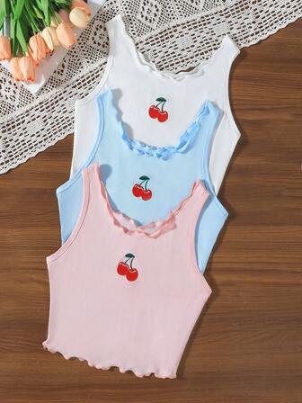 3pcs/Set Women's Cherry Blossom Embroidered Ruffle Trim Camisole, Summer