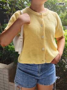 Spring And Summer Thin Fashion Casual Vacation Hundred Cream Crew Neck Short Sleeve Cardigan Sweater, Spring And Autumn Style Brunch Outfits For Women