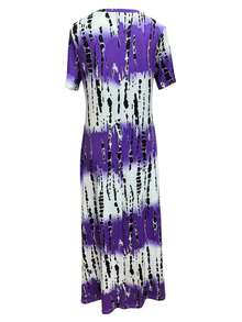 Rochie de damă Plus Size, casual, cu decolteu în V, mânecă scurtă, imprimare Tie-Dye, cu crăpături la tiv - Violet - Vizualizare 2