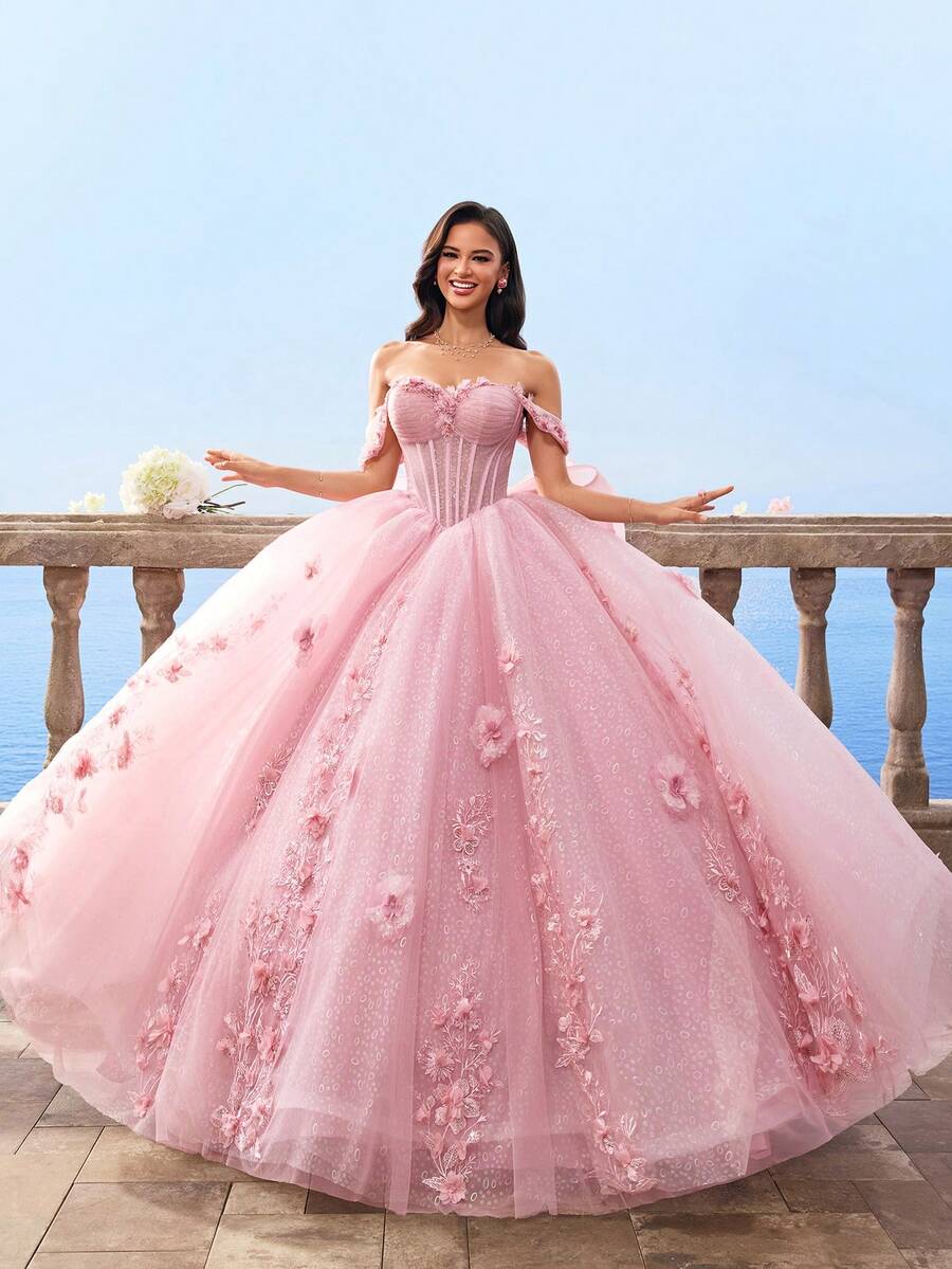 HEARBOBO Giáng sinh dễ thương 3D ren hoa thêu nơ phóng đại sang trọng váy dạ hội thanh lịch cho phụ nữ, váy cưới cổ tích cô dâu, váy dự tiệc