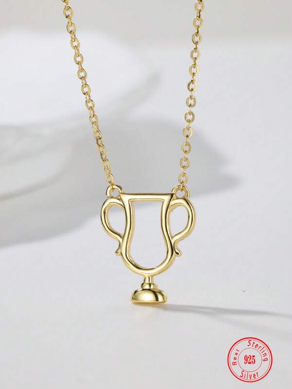 S925 Sterling Silver Unique Hollow Trophy Design Pendant Necklace, Elegant Everyday/Vacation Jewelry For Youth