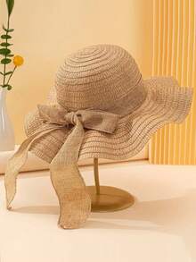 新月形手提包，饰以亚麻蝴蝶结丝带和草帽，简约时尚，半圆形草编包，沙滩手工编织包，时尚沙滩度假草编包，女士假日包，夏季度假包，完美适用于沙滩度假、旅行、购物和度假必备品。 - 查看 3