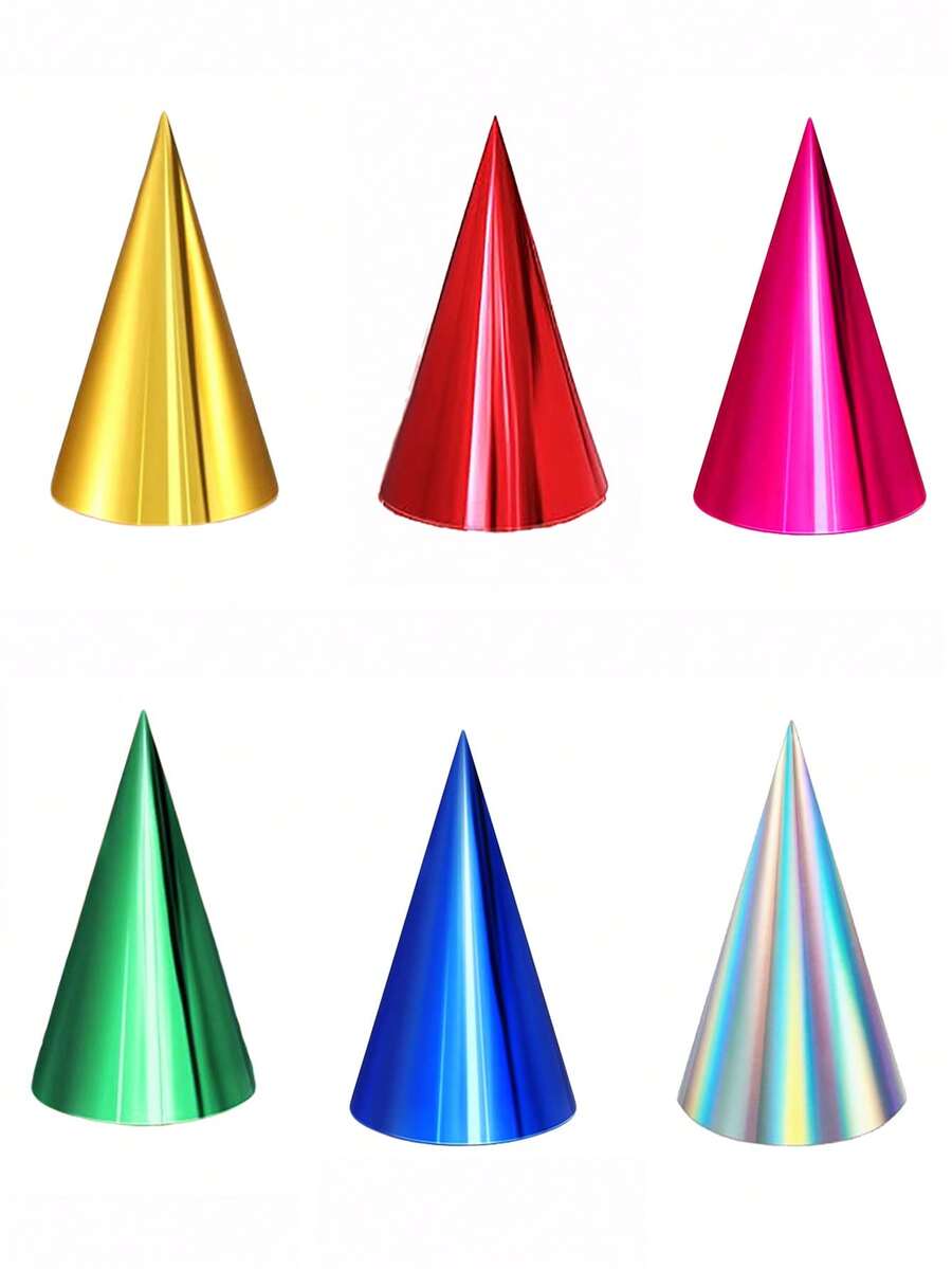 6 szt./10 szt. Kolorowe czapki na przyjęcie urodzinowe, czapki stożkowe dla dorosłych, metaliczne nakrycia głowy w kształcie stożka, czapki na przyjęcie urodzinowe dla dorosłych, zestaw hurtowy w 6 kolorach (metaliczny niebieski/zielony/złoty/srebrny/gorący róż/czerwony)