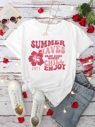Tween Girls' Relaxed, Enjoy Floral & Slogan Print Oversized Graphic Tee, Casual & Versatile Summer T-Shirt, Tween Girl Daily Wear