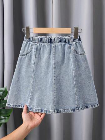 女童休闲牛仔褶皱A字迷你裙，百搭，浅蓝色，春夏