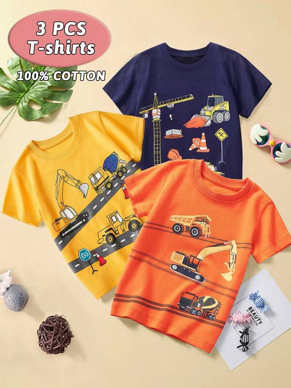 3-delige set met korte mouwen voor jongens met cartoon graafmachineprint, casual zomeroutfit