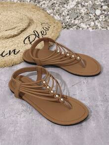 Women's Elastic Band Solid Color Bohemian Fashion PU Leather Beaded Criss-Cross Flat Sandals, Suitable For Party, Beach, Outdoor, Summer,Flip Flops - Yellow Brown - View 10