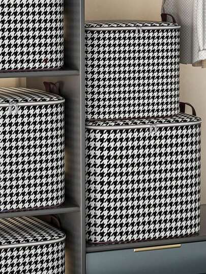 1 件服装收纳袋，大容量透明窗口，网格可见窗口，可折叠毯子收纳袋，用于整理卧室、衣柜、衣服、被子、整理和储存容器（带盖和手柄），千鸟格