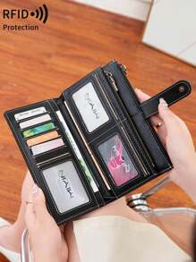 Nueva cartera larga de triple pliegue con tecnología RFID para comercio transfronterizo, cartera vintage multifunción para dama, de unicolor, con gran capacidad