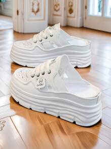 Summer's Popular New Thick-Soled Height-Increasing Casual Shoes For Women, Fashionable Perforated Shoes, Half-Slipper With A Breadhead, Breathable Casual Sports Shoes, Soft-Soled, Anti-Slip Yellow, Versatile, Lightweight And Fashionable For Daily Sports Wear. One Step On The Large-Sized Soft-Soled Casual Shoes, The Flip-Flops Expose The Heel, Fashionable And Multi-Functional