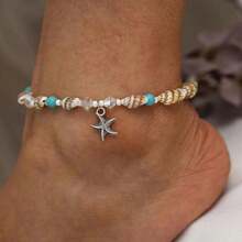 夏季海滩波西米亚风双心脚链，女士时尚贝壳海星脚链，赤脚手工链条首饰，女士波西米亚风不对称串珠海星吊坠脚链，适合日常海滩度假和作为节日礼物 - 彩色 - 查看 3