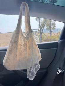 韩版简约蕾丝花帆布托特包大容量温柔淑女单肩斜挎包通勤包 - 白色 - 查看 4