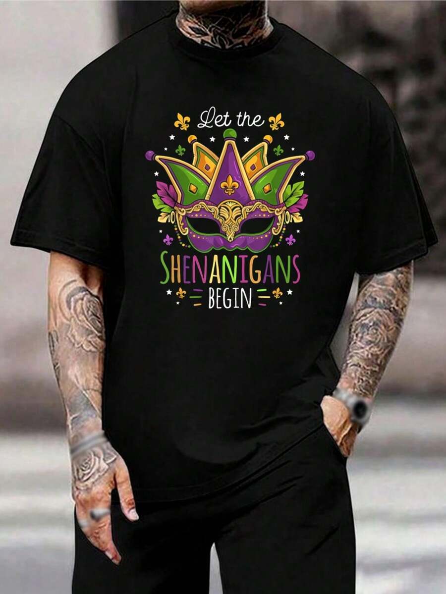 Camiseta divertida de Mardi Gras - Camiseta de manga corta para hombre y mujer con diseño de cuentas, máscara y flor de lis - Negro - Ver 1