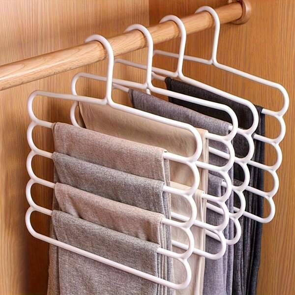 5-Tier Space Saving Plastic Hanger, Suitable For Pants, Skirts And Scarves - White Multilayer Wardrobe Organizer, For Household Storage, Maximize Closet Space, Clothes Hanger