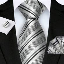 3-Piece Set: 8cm Necktie, Pocket Square & Cufflinks, Plaid Striped Geometric Pattern, High-Quality Classic & Fashion Business/Casual Necktie Set, Men's Wedding/Holiday/Party Gift