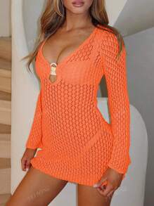 V-Neck Hollow Circle Decor Sexy Bell Sleeve Solid Color Long Sleeve A-Line Short Beach Cover Up Dress