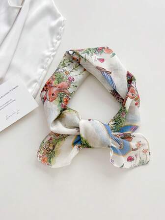 60cm Beige Small Rabbit Pattern Scarf, New Elegant Chiffon Scarf For Women, Versatile Decorative Neckerchief, Lightweight Stylish Shawl, Spring/Autumn