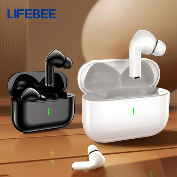 LIFEBEE Auriculares inalámbricos con Bluetooth 5.3, 38 hrs de reproducción, auriculares estéreo con estuche de carga, resistentes al agua, con micrófono para teléfono, tableta, portátil, deportes, color blanco/negro