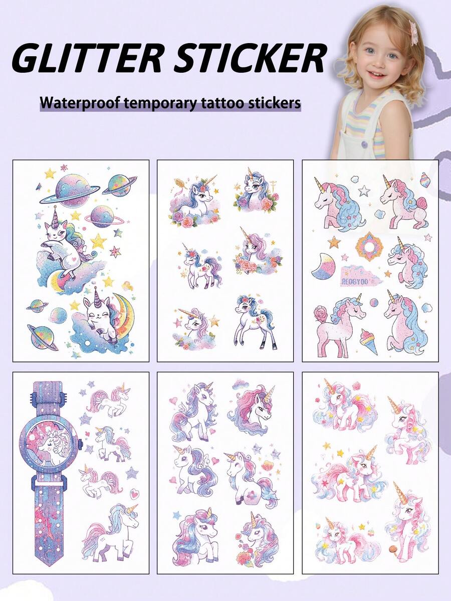 6Pcs Unicorn Glitter Sticker Temporary Tattoo Colorful Cartoon Waterproof Sweatproof Disposable For Children Face, Arm, Waist, Chest, Leg, Abdomen, Neck, Hand, Finger, Back, For Party, Stage Performance, Children's Day, Modernist Body Art - Multicolor - View 1